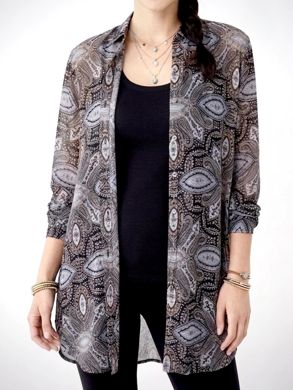 J Jill Sheer Blue Boho Paisley Button Down Tunic Layering Blouse Size S